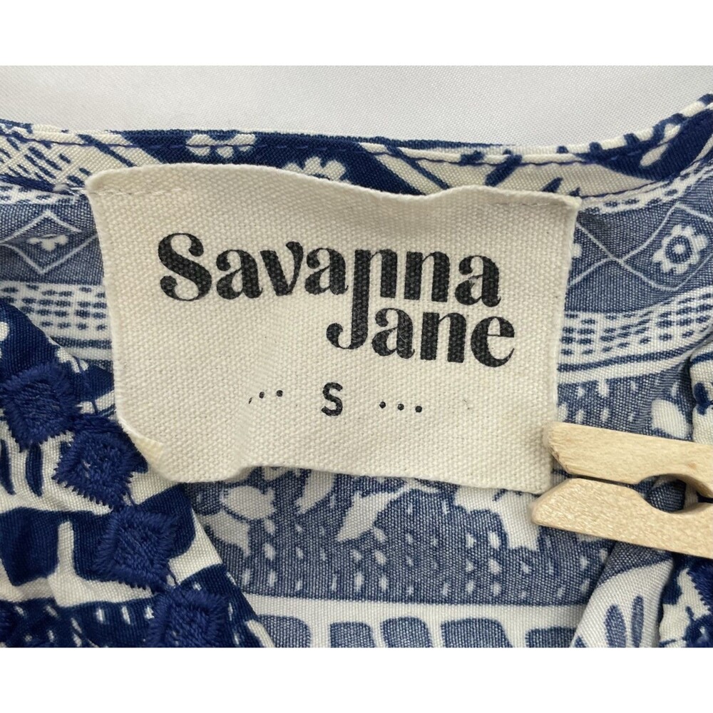 Savanna Jane Blouse Women Small Blue Crochet Top Boho Floral Embroidered - Picture 6 of 6